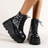 Round Toe Spider Web Print Platform Boots Oshnow